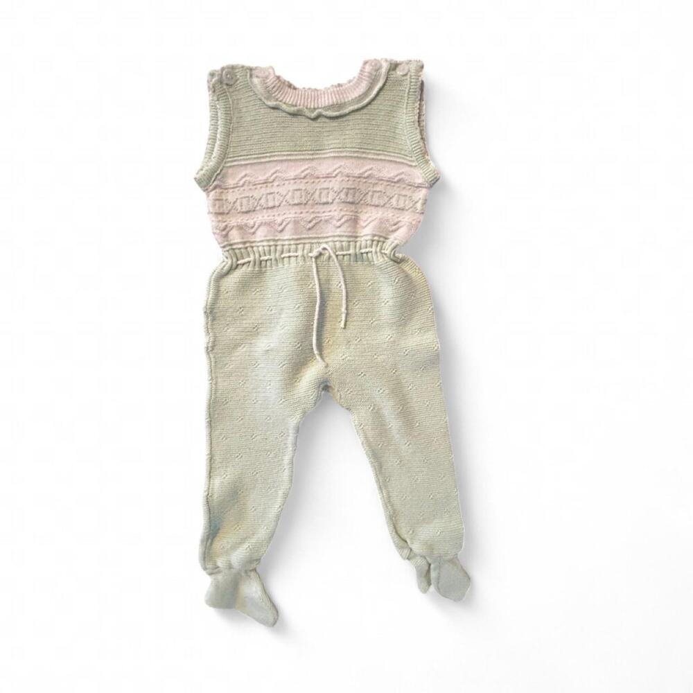 0-6 months newborn vintage yellow & white hand knit 70s jumpsuit one piece xoxo